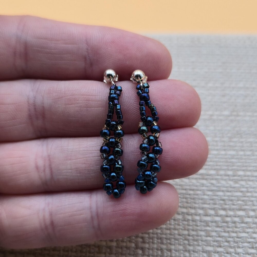 Sterling Silver Woven Beaded Handmade Dangle Earrings A5688